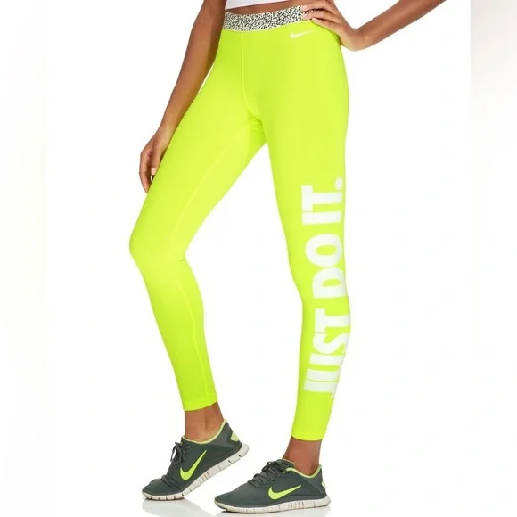 Nike Pro Dri-FIT Hyperwarm Compression Leggings Neon Yellow Just Do It NWOT - Picture 2 of 7